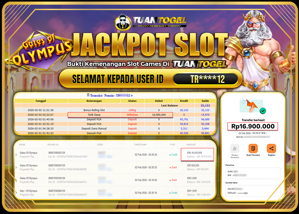 TUANTOGEL JACKPOT SLOT GATES OF OLYMPUS Rp 16.900.000,- LUNAS